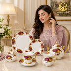 Royal Albart England 24-piece porcelain tea set with 6 person serving, purple and yellow roses and gold-tone accents model bg