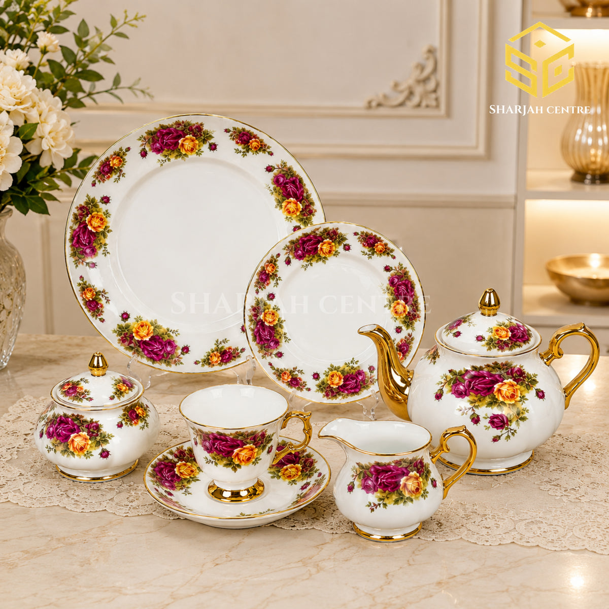 Royal Albart England 24-piece porcelain tea set with 6 person serving, purple and yellow roses and gold-tone accents colord bg