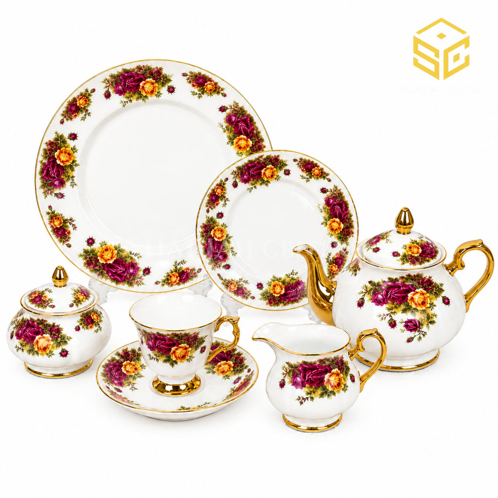 Royal Albart England 24-piece porcelain tea set with 6 person serving, purple and yellow roses and gold-tone accents white bg