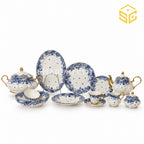 Royal Albert Blue Pottery fine bone china dinner set with cobalt-blue roses and elegant gold-toned accents white bg