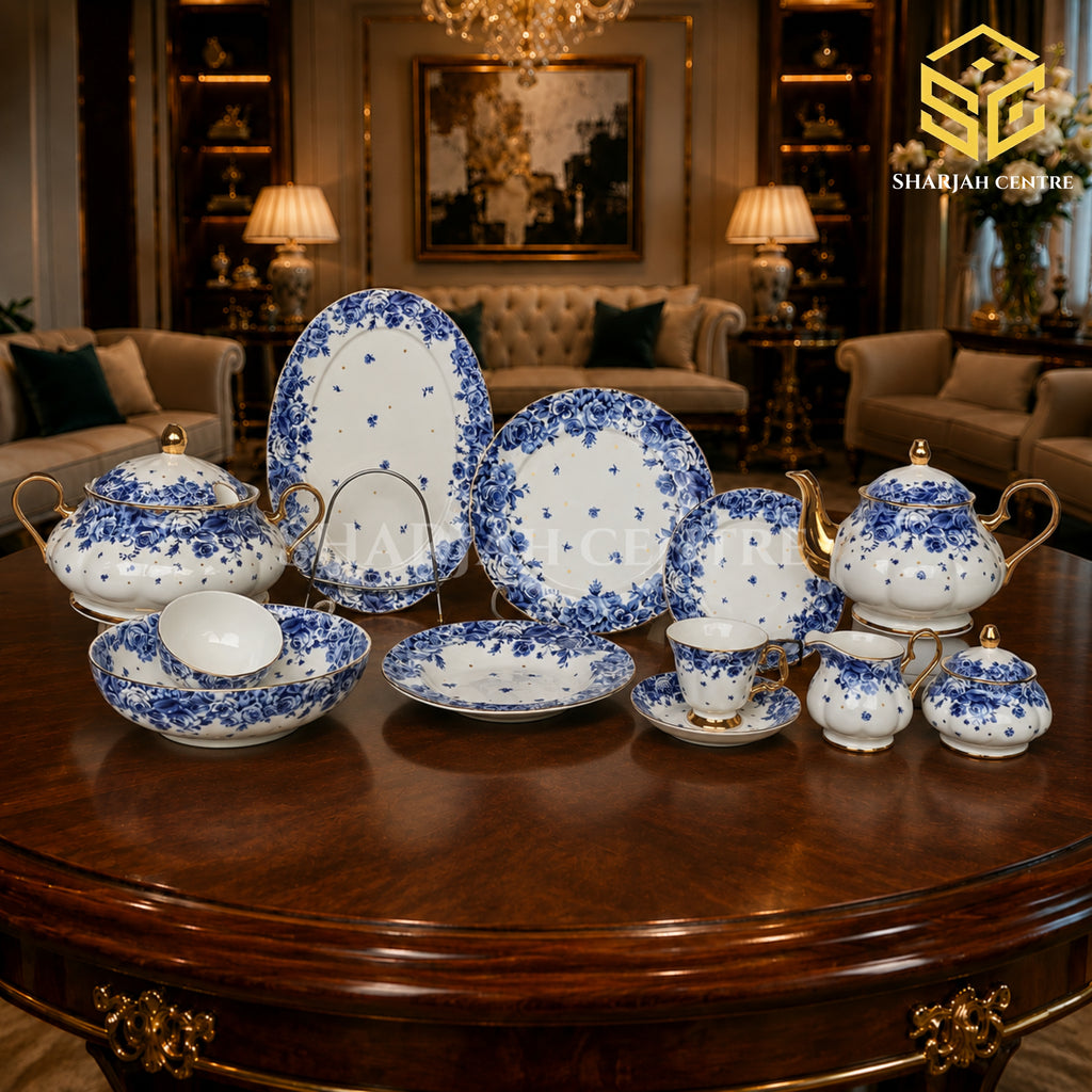 Royal Albert Blue Pottery fine bone china dinner set with cobalt-blue roses and elegant gold-toned accents