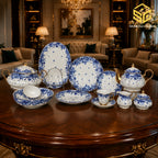 Royal Albert Blue Pottery fine bone china dinner set with cobalt-blue roses and elegant gold-toned accents