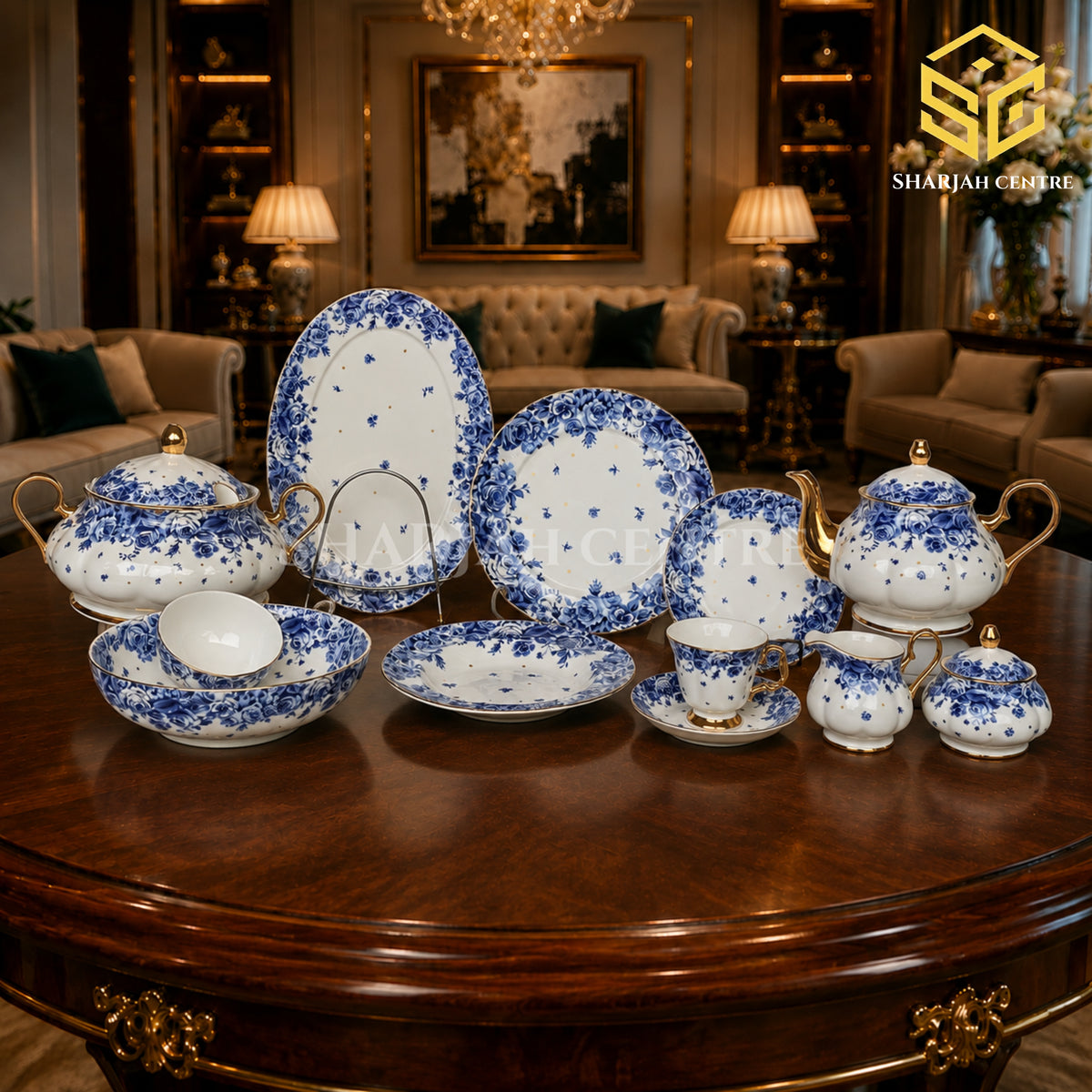 Royal Albert Blue Pottery fine bone china dinner set with cobalt-blue roses and elegant gold-toned accents