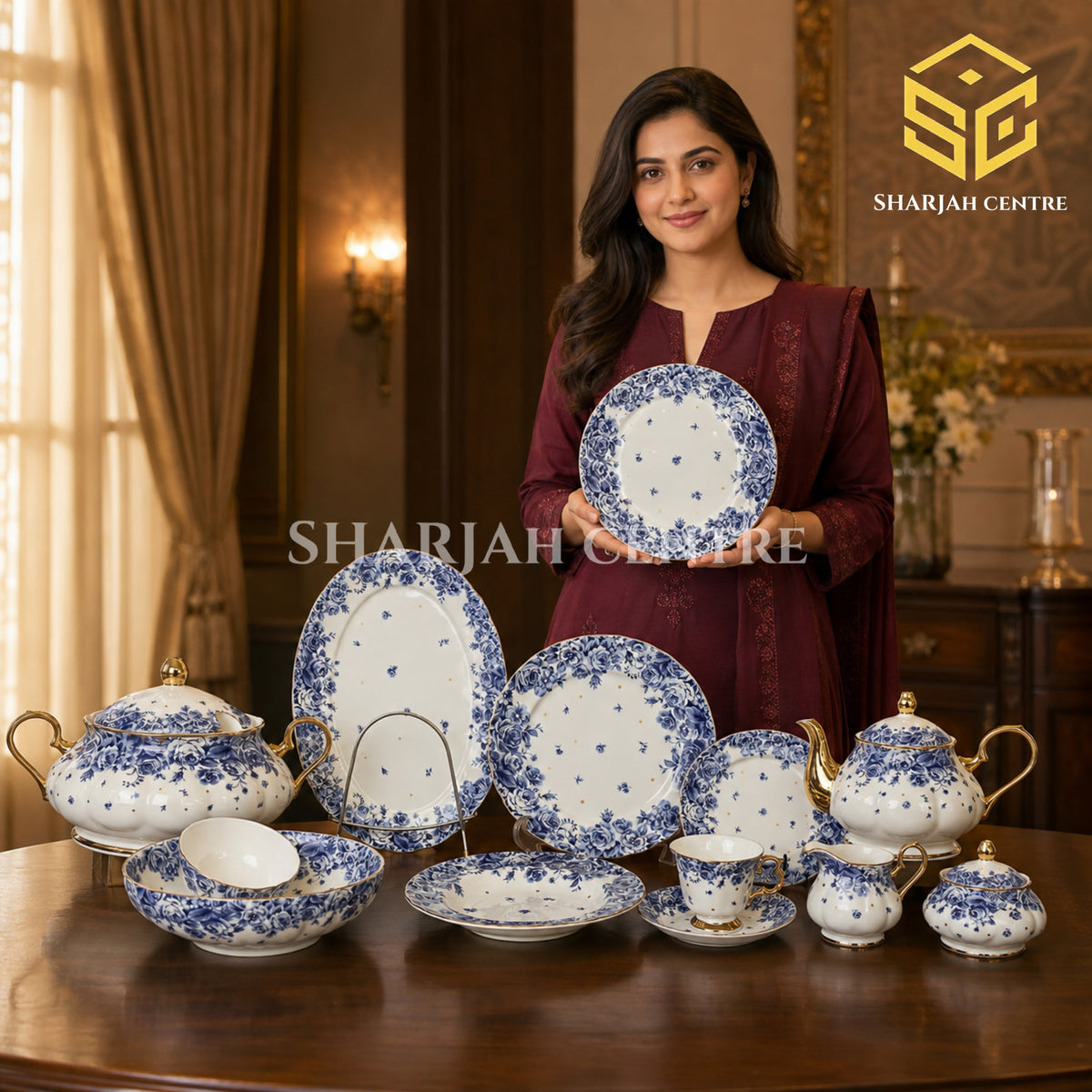 Royal Albert Blue Pottery fine bone china dinner set with cobalt-blue roses and elegant gold-toned accents model bg