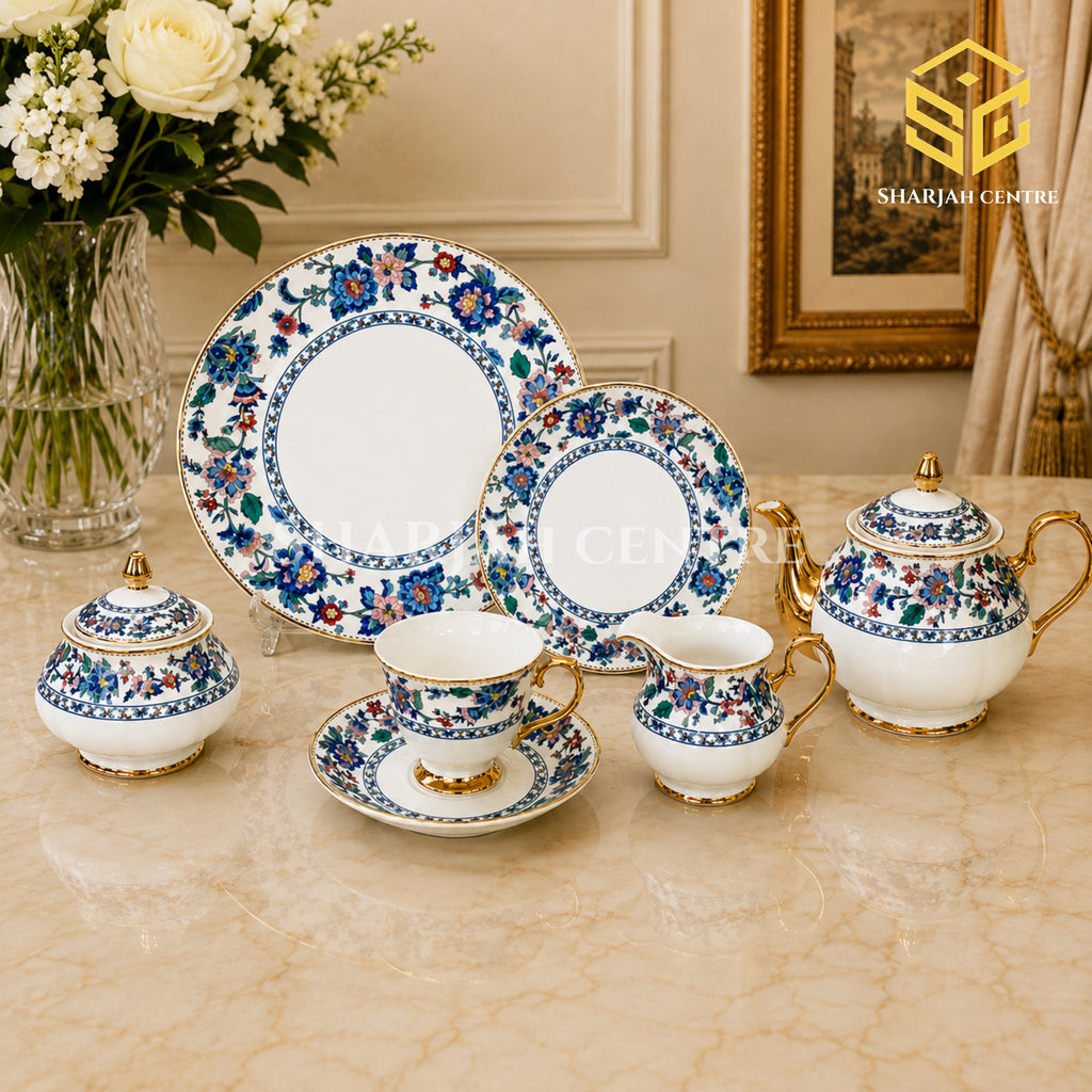 Royal Albert England 24-piece porcelain tea set with 6 person serving, blue floral borders and gold-tone accents clord bg