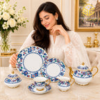Royal Albert England 24-piece porcelain tea set with 6 person serving, blue floral borders and gold-tone accents model bg