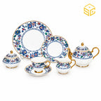 Royal Albert England 24-piece porcelain tea set with 6 person serving, blue floral borders and gold-tone accents white bg