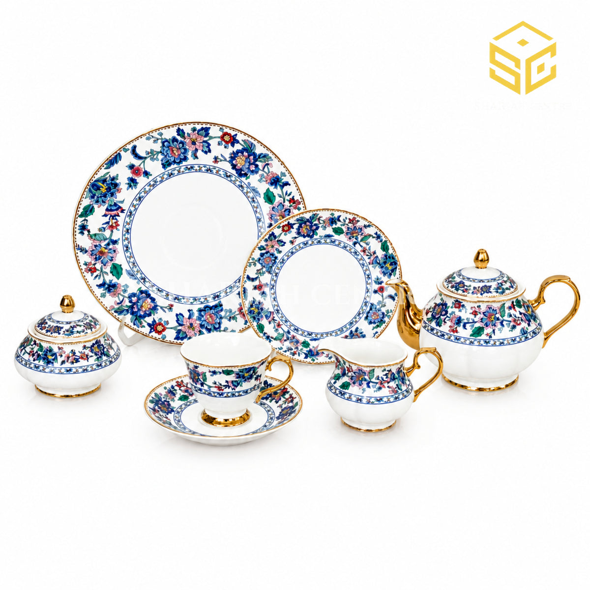Royal Albert England 24-piece porcelain tea set with 6 person serving, blue floral borders and gold-tone accents white bg
