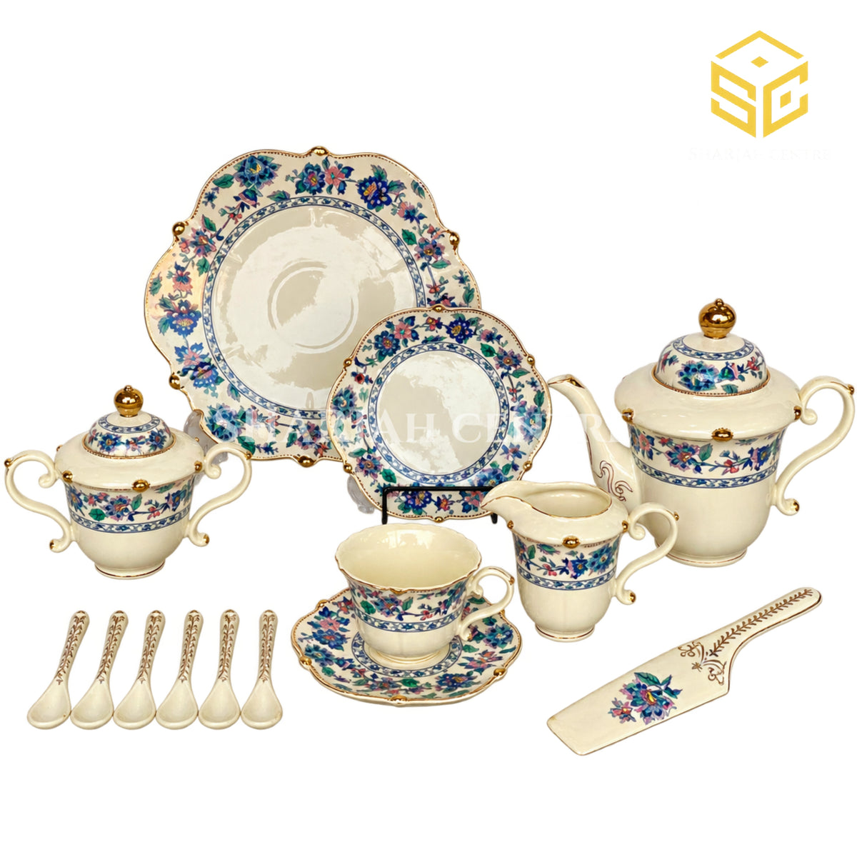 Royal Albert England 31-piece bone china tea set with 6 person serving and multicolour floral pattern white bg