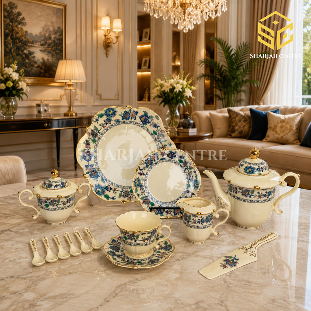 Royal Albert England 31-piece bone china tea set with 6 person serving and multicolour floral pattern colord bg
