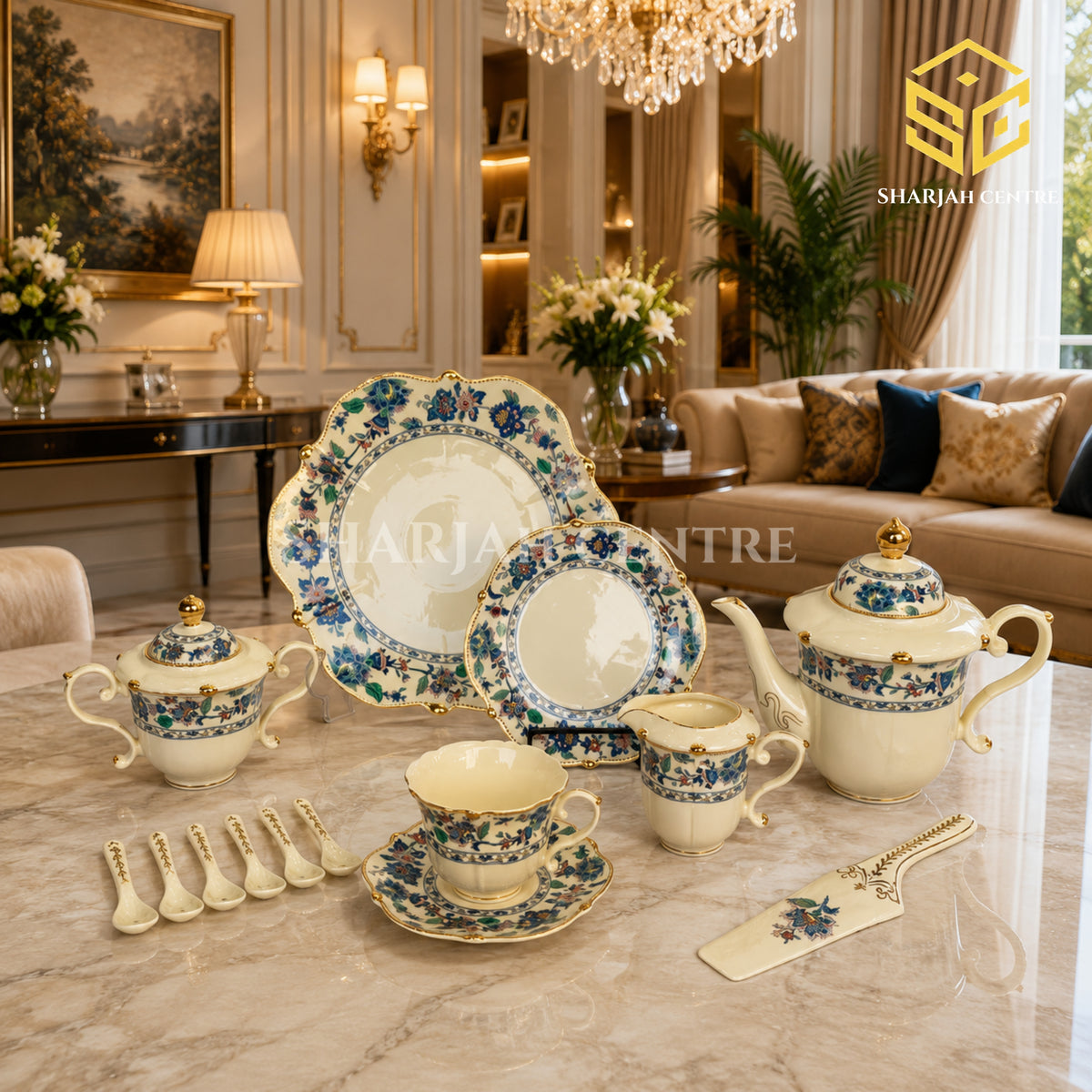 Royal Albert England 31-piece bone china tea set with 6 person serving and multicolour floral pattern colord bg