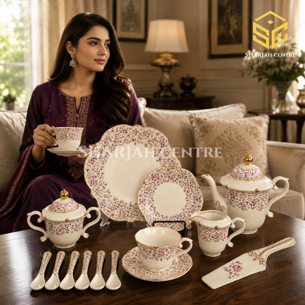 Royal Albert England 31-piece porcelain tea set with 6 person serving, pink florals and gold-tone accents model bg