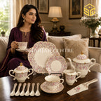 Royal Albert England 31-piece porcelain tea set with 6 person serving, pink florals and gold-tone accents model bg
