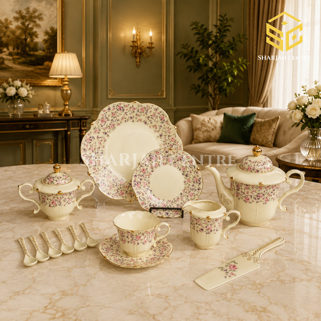 Royal Albert England 31-piece porcelain tea set with 6 person serving, pink florals and gold-tone accents colord bg