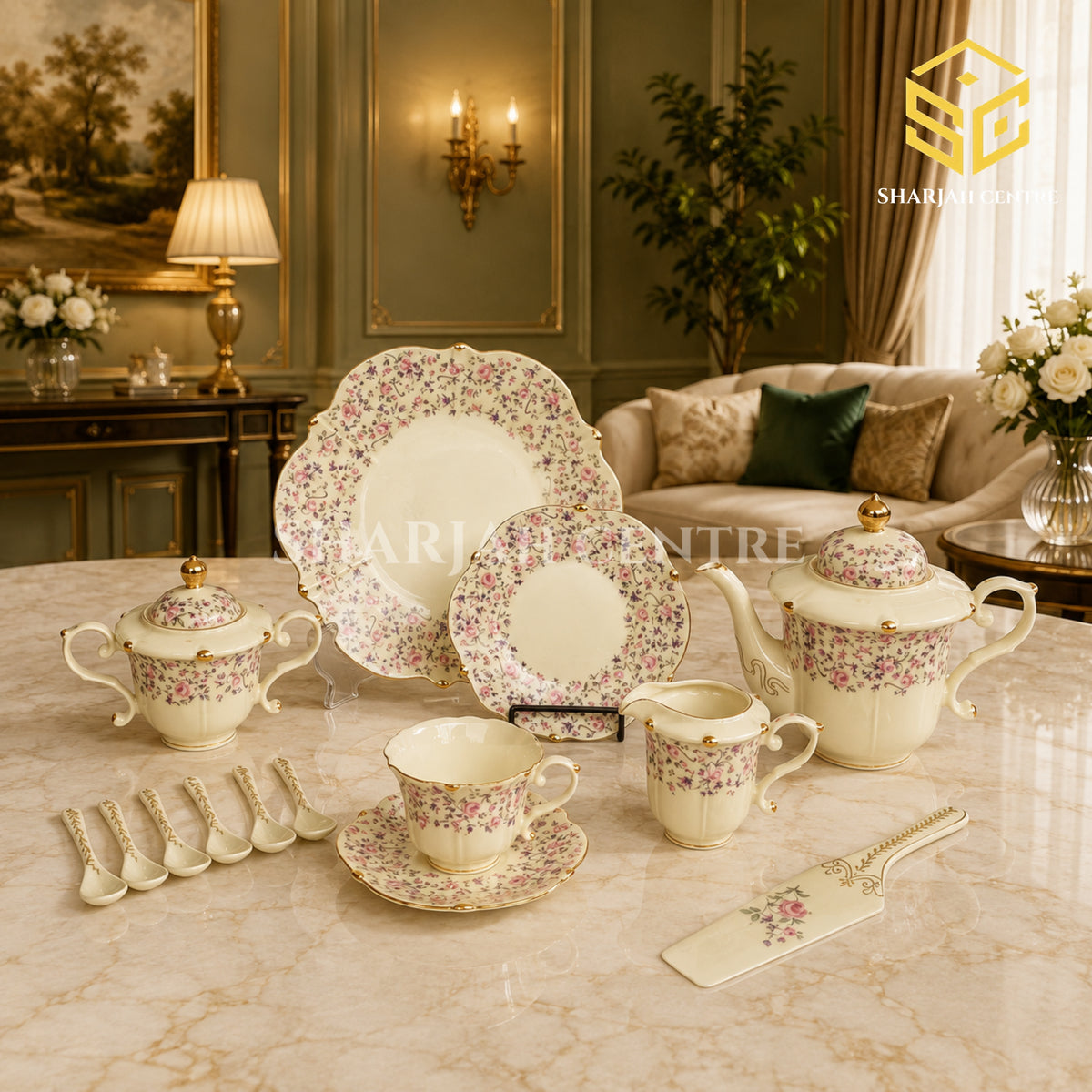 Royal Albert England 31-piece porcelain tea set with 6 person serving, pink florals and gold-tone accents colord bg