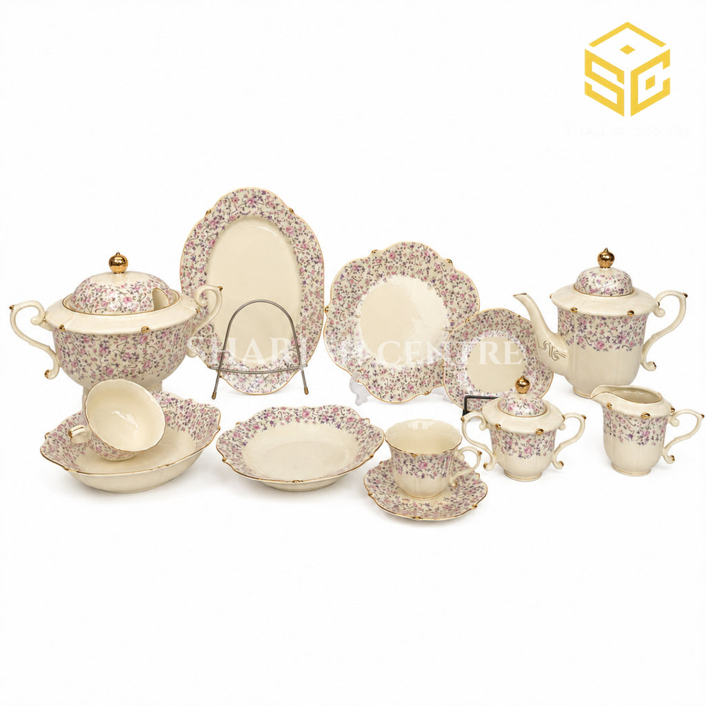 Royal Albert England ivory dinner set with delicate pink floral pattern, scalloped edges and gold-toned detailing white bg