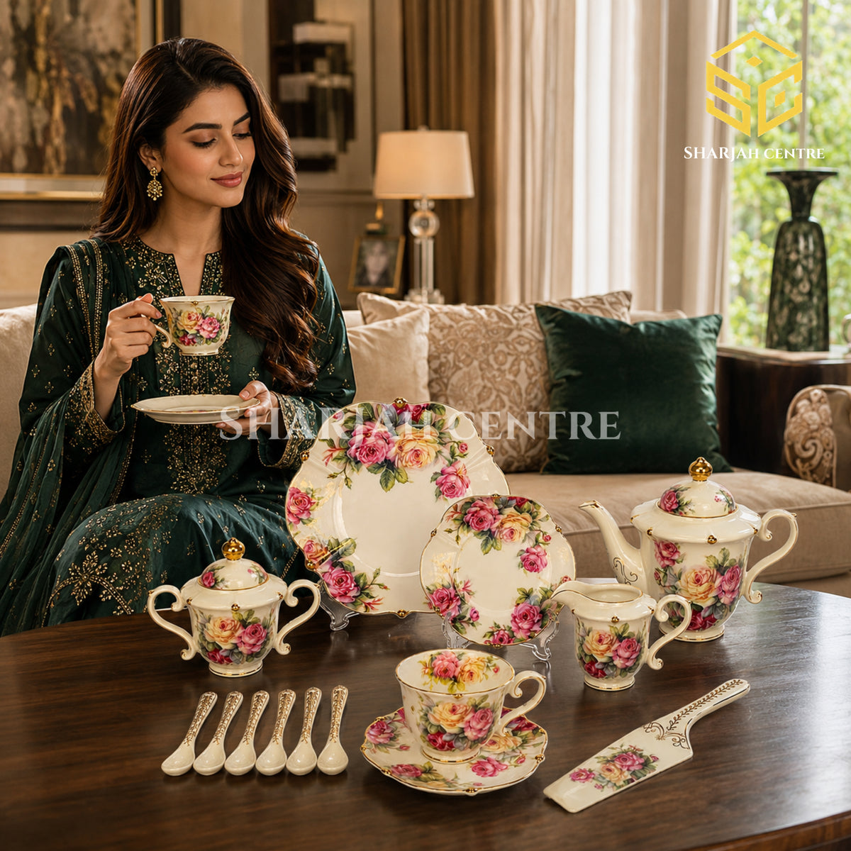 Royal Albert England 31-piece bone china tea set with 6 person serving and pink rose pattern model bg