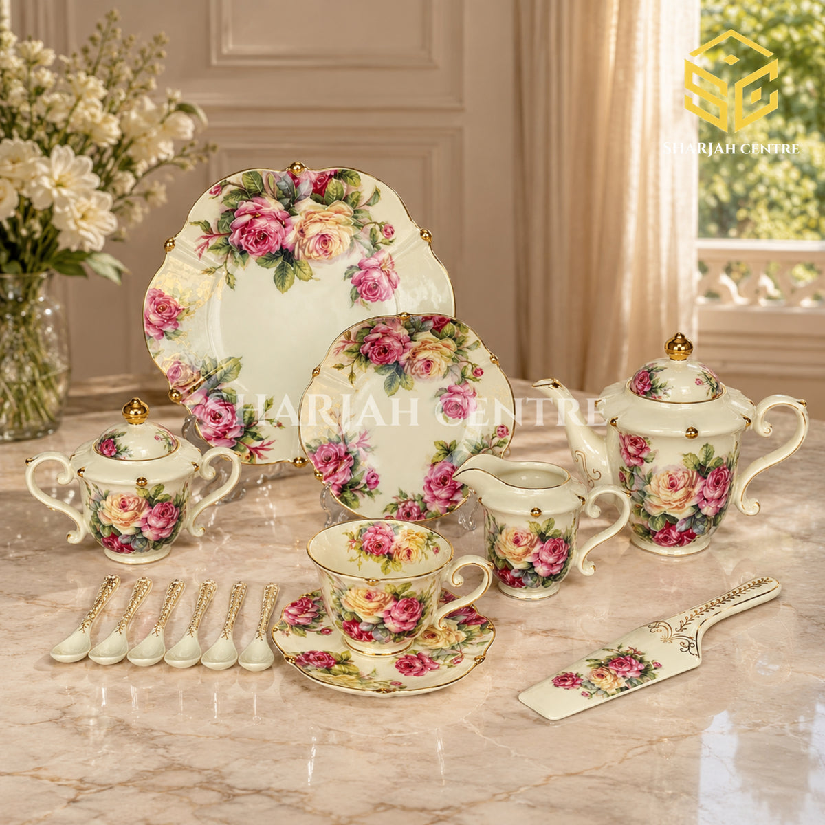 Royal Albert England 31-piece bone china tea set with 6 person serving and pink rose pattern colord bg