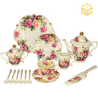 Royal Albert England 31-piece bone china tea set with 6 person serving and pink rose pattern white bg