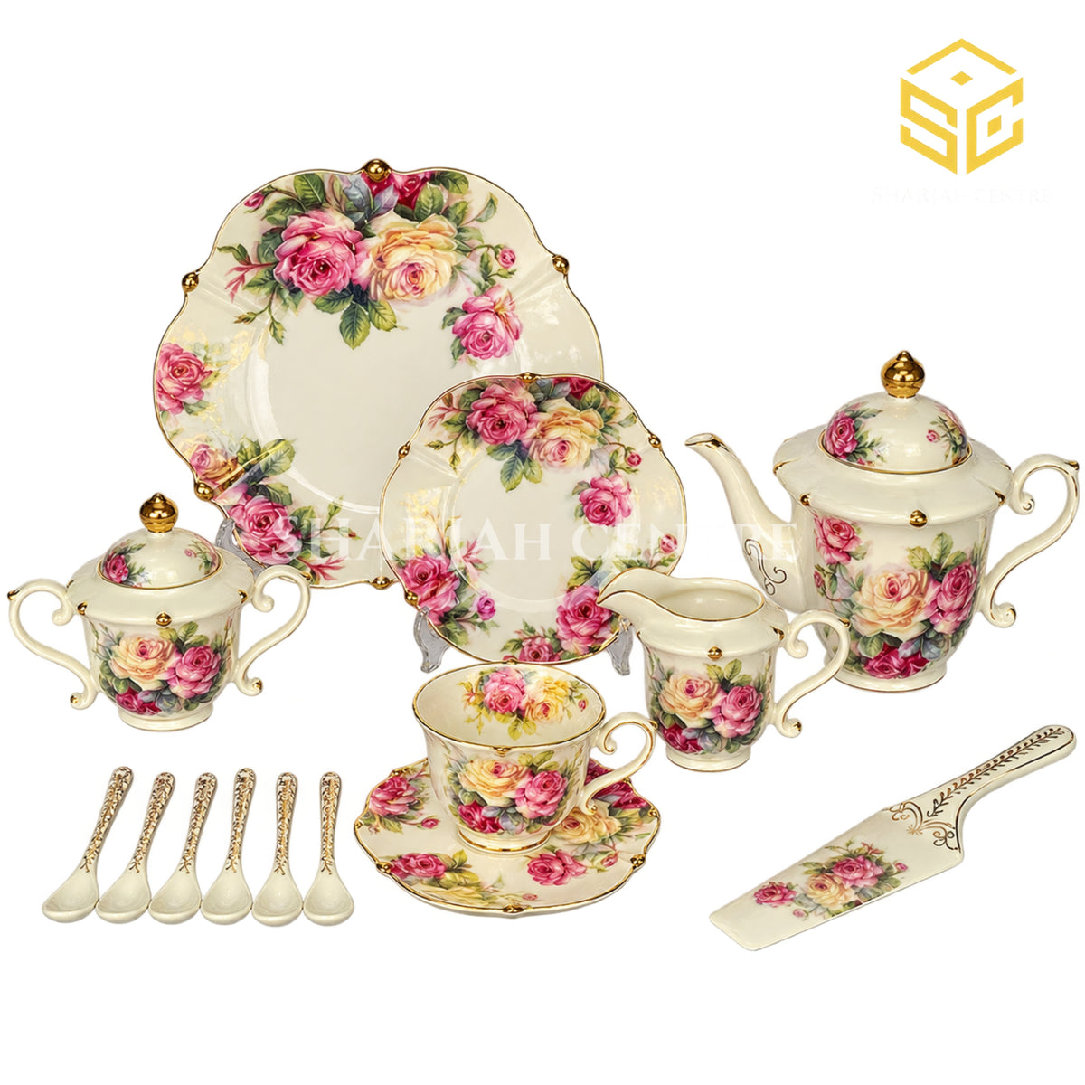 Royal Albert England 31-piece bone china tea set with 6 person serving and pink rose pattern white bg