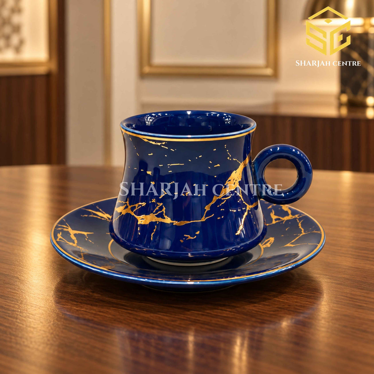 royal blue cup and saucer, gold marble pattern, luxury tea cup, wooden table setting, Sharjah Centre Multan