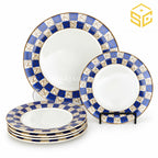 royal blue gold cake set, round cake plate, matching dessert plates, geometric cake set design, gold rim, Sharjah Centre Multan
