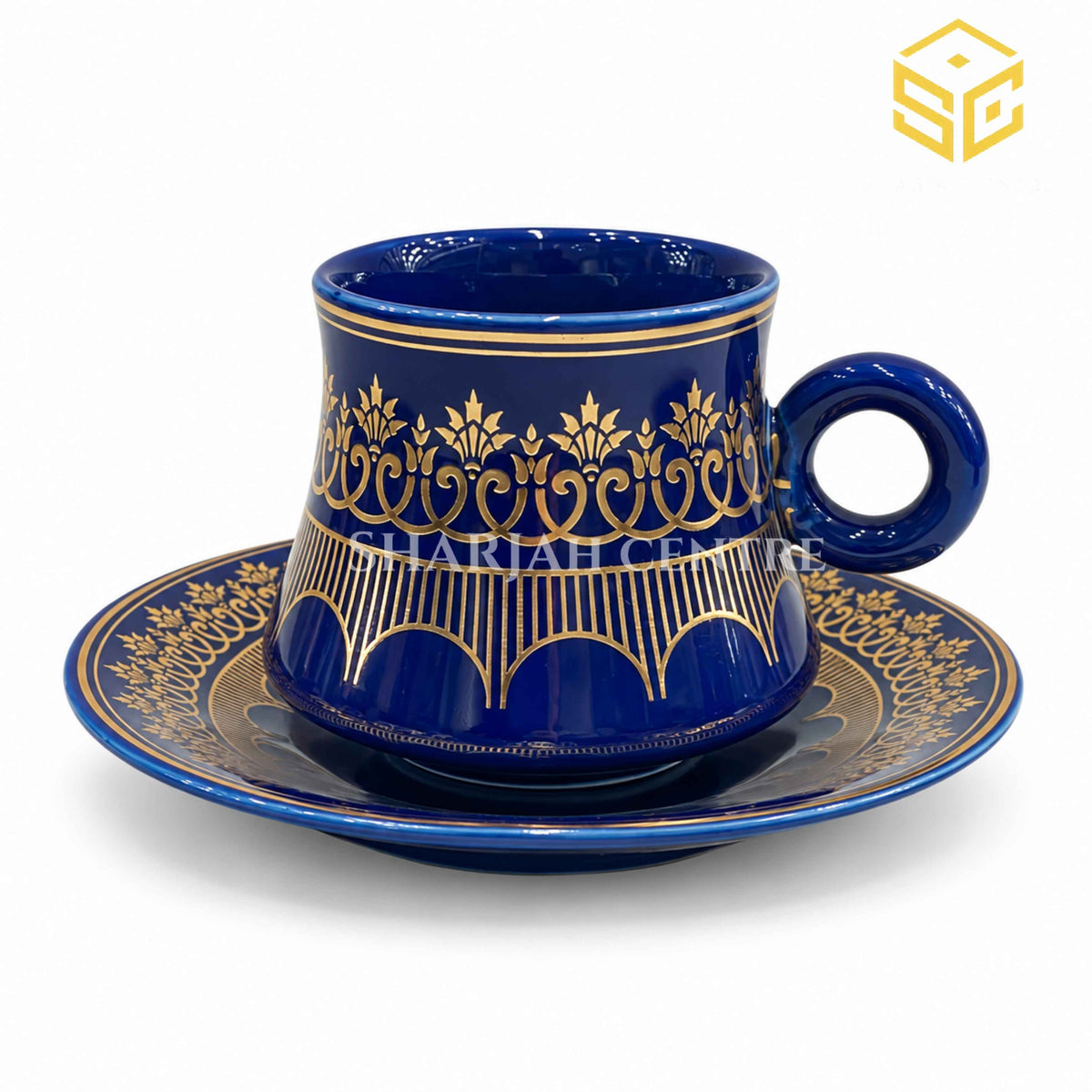 royal blue designer cup and saucer, ornate gold detailing, premium crockery, tea serving cup, Sharjah Centre Multan