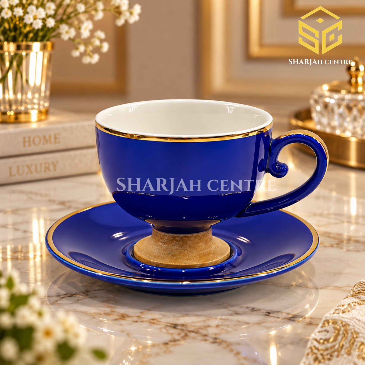 Royal blue cup and saucer, gold detailing, luxury marble setting, premium crockery, Sharjah Centre Multan