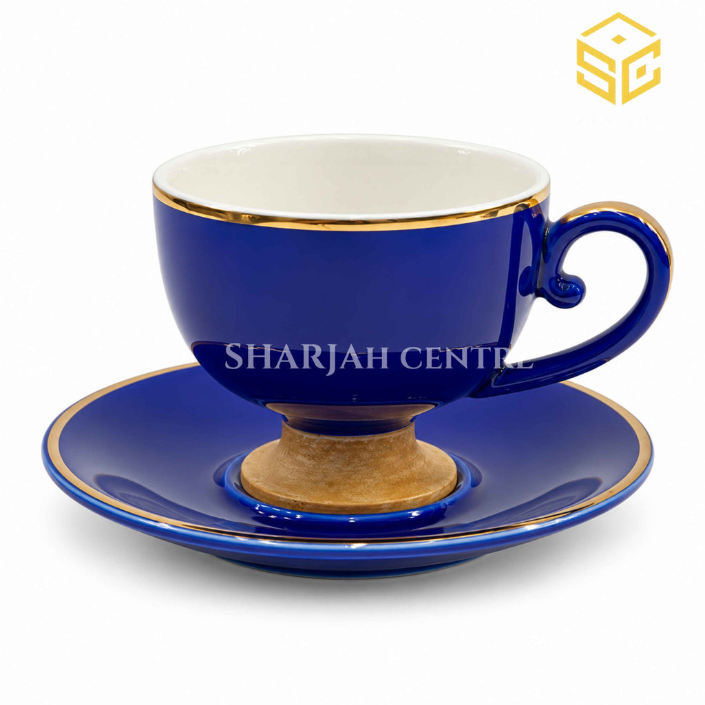 Royal blue cup and saucer, gold rim, gold pedestal base, luxury tea cup, Sharjah Centre Multan