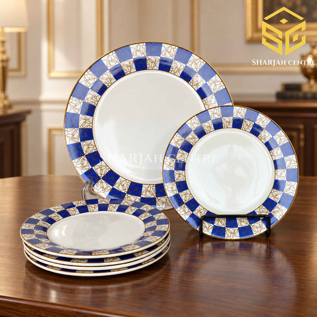 royal blue cake set, gold rim dessert plates, round cake serving plate, luxury cake set design, Sharjah Centre Multan