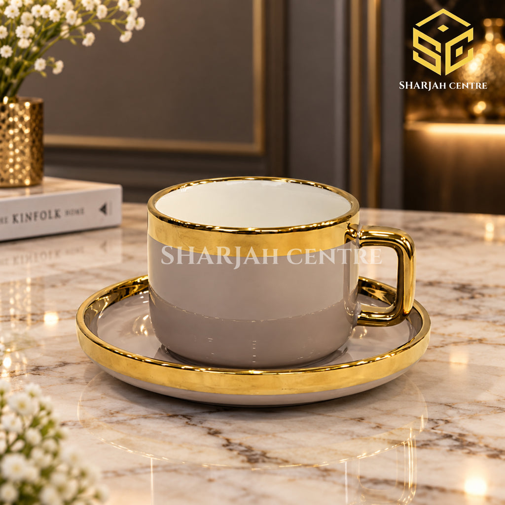Elegant Ceramic Cup and Saucer Set – Luxury Gold Detail | Sharjah Centre