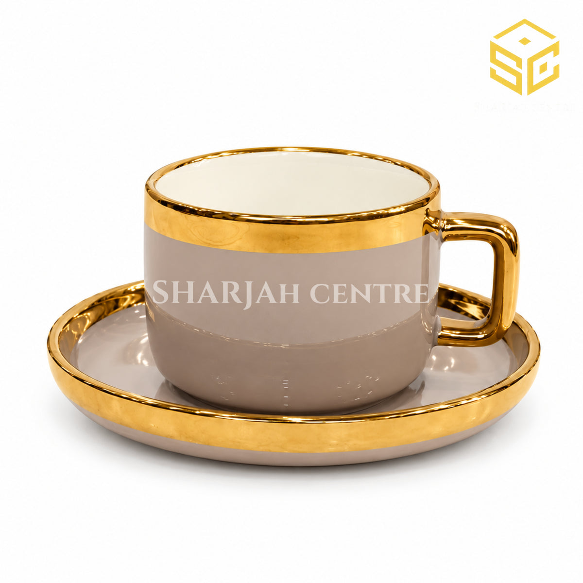 Elegant beige and gold cup and saucer set on white background – Sharjah Centre Multan
