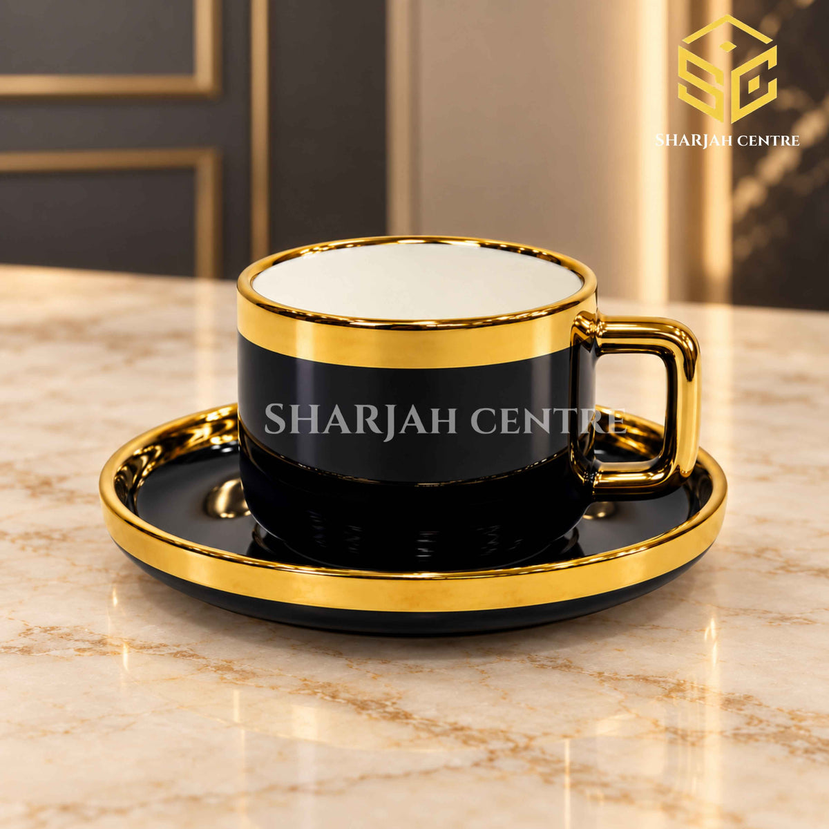 Premium black and gold cup and saucer set on luxury background – Sharjah Centre Multan