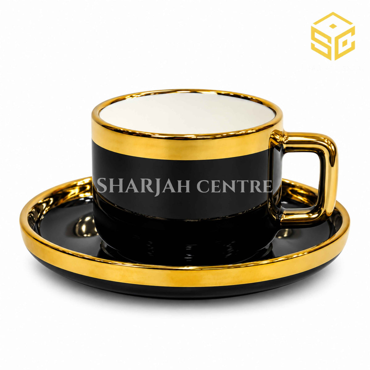 Modern black and gold cup and saucer set on white background – Sharjah Centre Multan