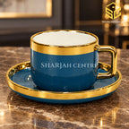 Premium blue and gold cup and saucer set on luxury marble background – Sharjah Centre Multan
