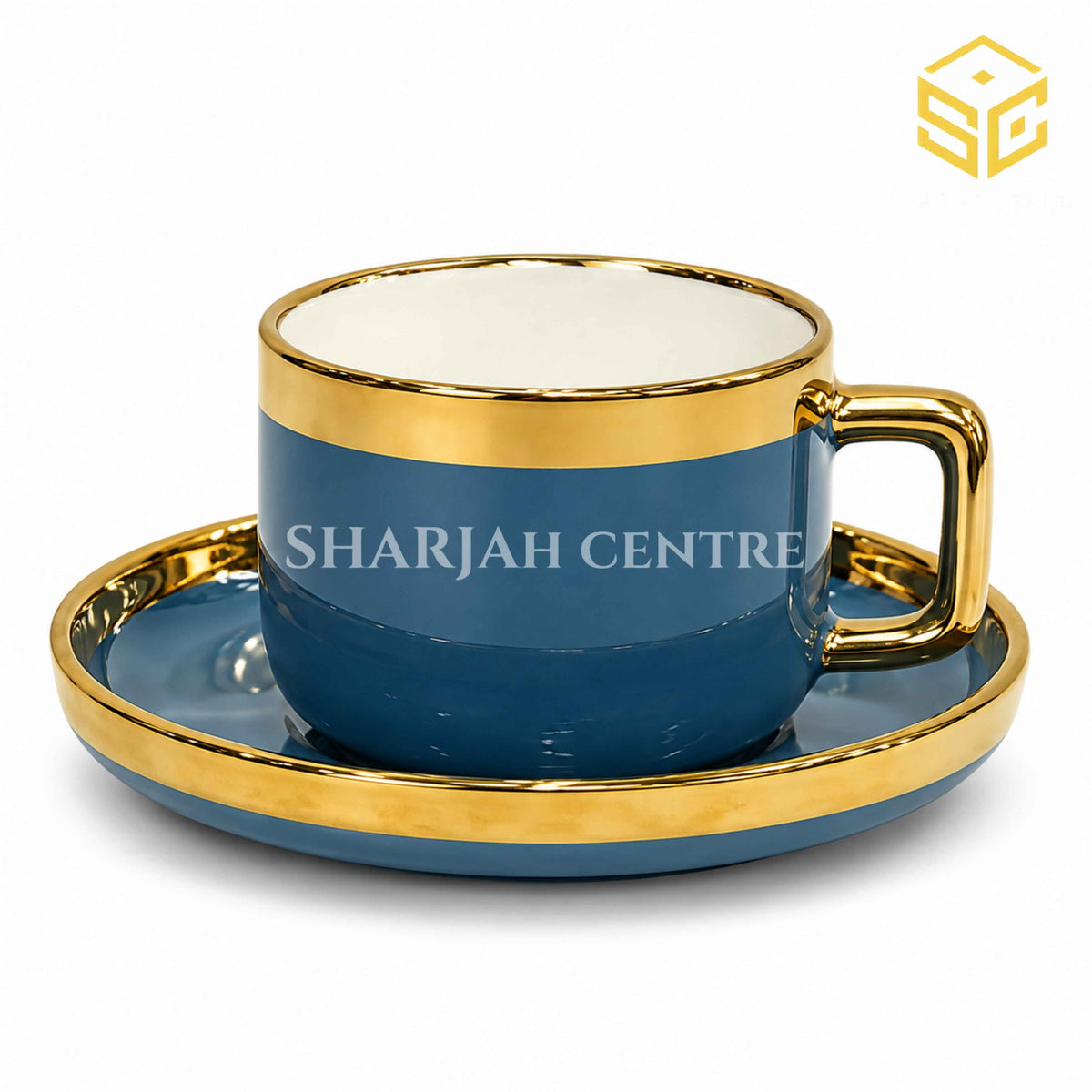 Luxury blue and gold cup and saucer set on white background – Sharjah Centre Multan