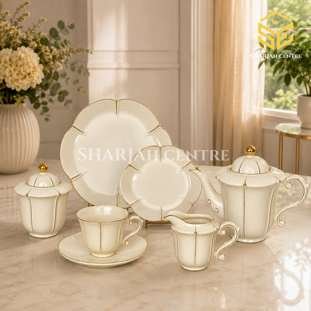 Sharjah Import 24-piece Super Bone tea set with 6 person serving, ivory petal design and delicate gold-tone detailing color bg