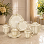 Sharjah Import 24-piece Super Bone tea set with 6 person serving, ivory petal design and delicate gold-tone detailing color bg