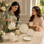 Sharjah Import 24-piece Super Bone tea set with 6 person serving, ivory petal design and delicate gold-tone detailing model bg