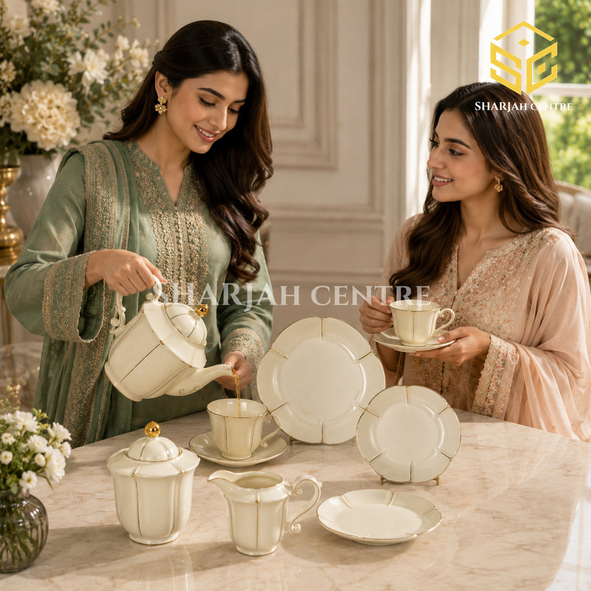 Sharjah Import 24-piece Super Bone tea set with 6 person serving, ivory petal design and delicate gold-tone detailing model bg