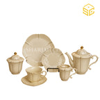 Sharjah Import 24-piece Super Bone tea set with 6 person serving, ivory petal design and delicate gold-tone detailing white bg