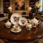 Sharjah Import 24-piece Super Bone tea set with 6 person serving, multicolour floral design and ornamental gold-tone borders color bg