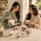 Sharjah Import 24-piece Super Bone tea set with 6 person serving, multicolour floral design and ornamental gold-tone borders model bg