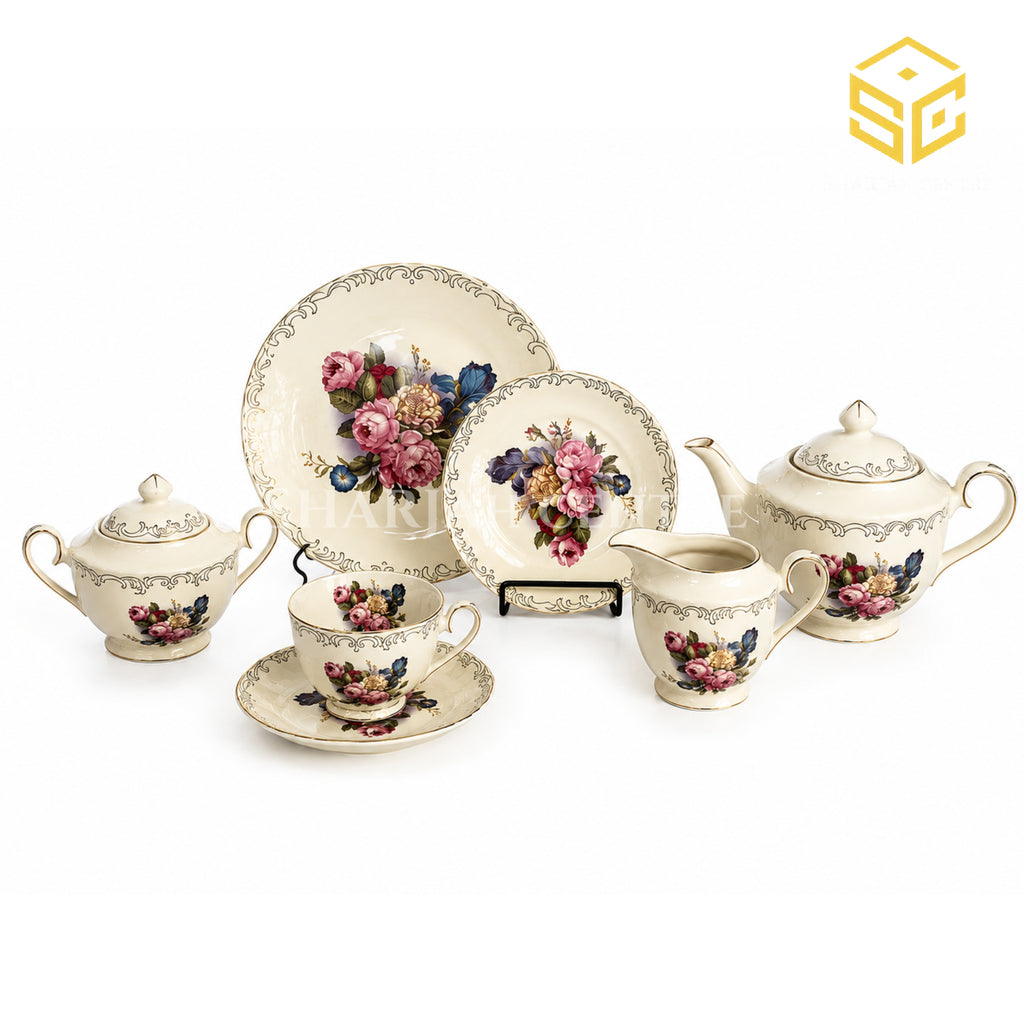 Sharjah Import 24-piece Super Bone tea set with 6 person serving, multicolour floral design and ornamental gold-tone borders white bg
