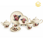 Sharjah Import 24-piece Super Bone tea set with 6 person serving, multicolour floral design and ornamental gold-tone borders white bg