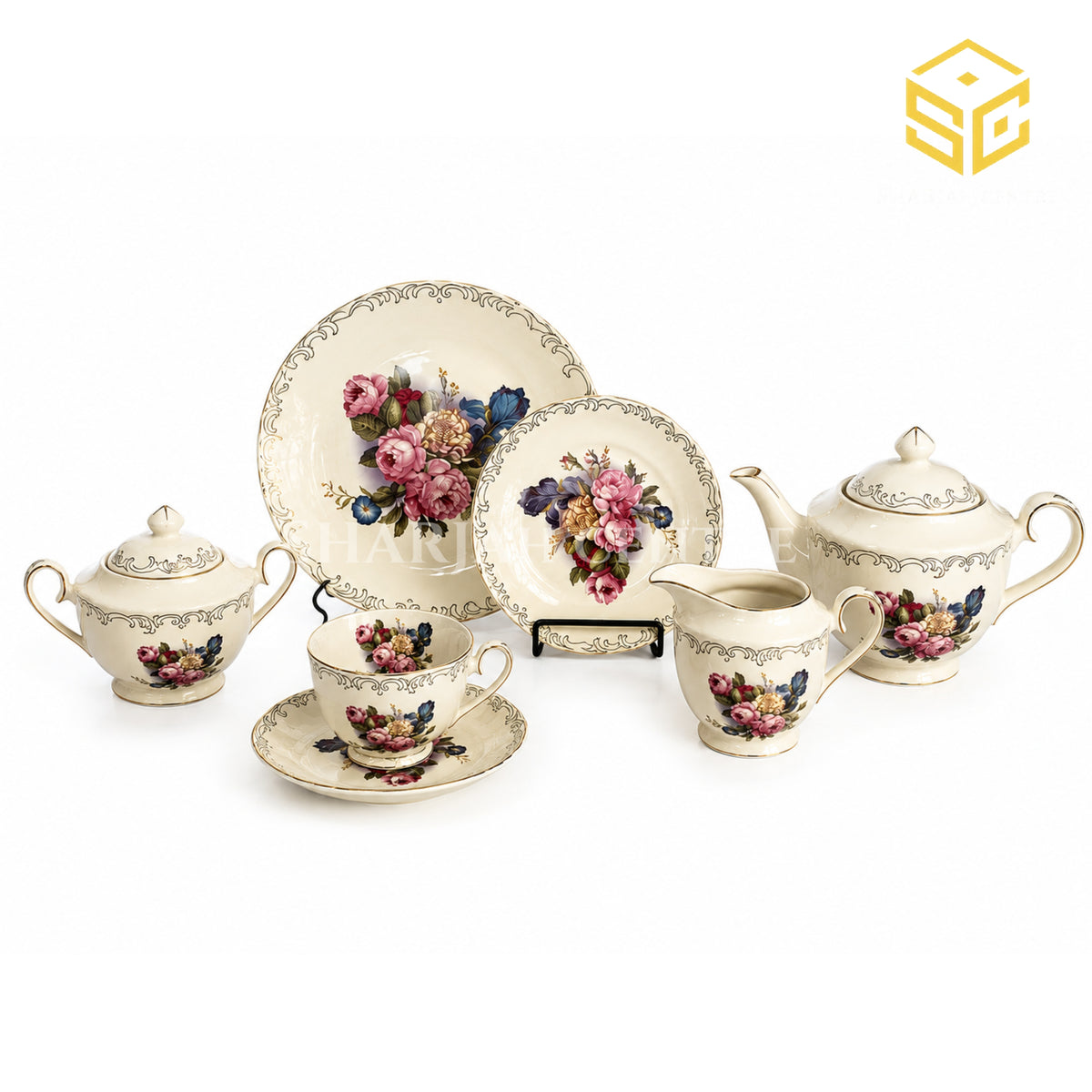 Sharjah Import 24-piece Super Bone tea set with 6 person serving, multicolour floral design and ornamental gold-tone borders white bg