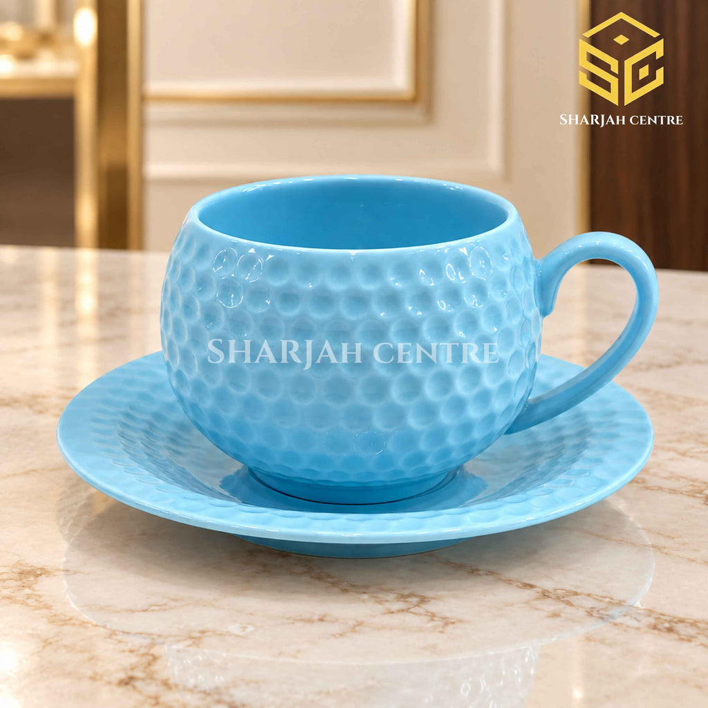 sky blue cup and saucer, pebble texture, luxury tea crockery, marble table setting, Sharjah Centre Multan
