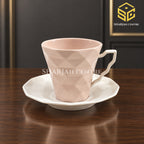 SOOGO blush pink cup and saucer, geometric diamond texture, white saucer, modern tea cup, Sharjah Centre Multan