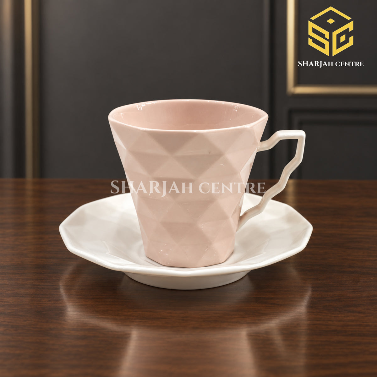 SOOGO blush pink cup and saucer, geometric diamond texture, white saucer, modern tea cup, Sharjah Centre Multan