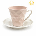 SOOGO blush pink cup and saucer, geometric embossed design, luxury wooden table setting, premium crockery, Sharjah Centre Multan
